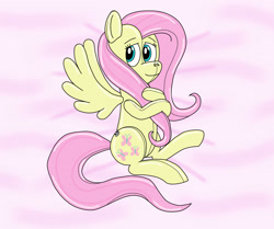 Size: 1280x1068 | Tagged: safe, artist:wolvinof, derpibooru import, fluttershy, inflatable pony, pegasus, bed, bedsheets, inflatable, looking at you, lying down, smiling, smiling at you, waiting