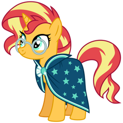 Size: 1024x1024 | Tagged: safe, artist:emeraldblast63, derpibooru import, sunburst, sunset shimmer, pony, unicorn, accessory theft, cloak, clothes, clothes swap, cute, female, glasses, mare, shimmerbetes, simple background, solo, sunburst's cloak, transparent background