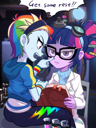 Size: 680x900 | Tagged: safe, artist:ta-na, derpibooru import, rainbow dash, sci-twi, twilight sparkle, equestria girls, alternate hairstyle, bags under eyes, book, boop, butt, clothes, dialogue, energy drink, fangs, glasses, headband, hoodie, lab coat, lidded eyes, monster energy, rainbutt dash, requested art, science, short hair, sweat, tired, wristband