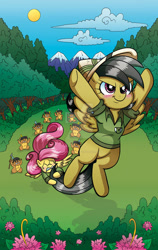 Size: 400x634 | Tagged: safe, artist:marybellamy, derpibooru import, idw, daring do, fluttershy, hamster, pegasus, pony, colored, comic cover, finished version, obtrusive watermark, watermark