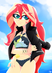 Size: 2249x3153 | Tagged: safe, artist:xan-gelx, derpibooru import, sunset shimmer, equestria girls, beach, bikini, breasts, clothes, female, high res, jacket, lens flare, solo, summer, summer sunset, swimsuit