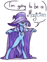 Size: 640x840 | Tagged: safe, artist:aca-4, derpibooru import, trixie, pony, unicorn, bipedal, cape, clothes, covered eyes, cute, diatrixes, female, filly, filly trixie, hat, hat over eyes, simple background, smiling, solo, trixie's cape, trixie's hat, white background, younger