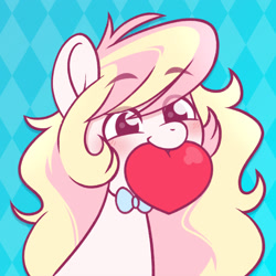 Size: 1932x1932 | Tagged: safe, artist:ninnydraws, derpibooru import, oc, oc only, oc:ninny, pegasus, pony, biting, blushing, bowtie, bust, female, heart, mare, mouth hold, simple background, smiling, solo
