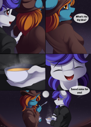 Size: 2000x2778 | Tagged: safe, artist:conrie, derpibooru import, oc, oc only, anthro, earth pony, pony, unicorn, fallout equestria, clothes, comic, crossover, earth pony oc, eating, fallout, food, high res, horn, night, sand, stew, text, unicorn oc, wasteland