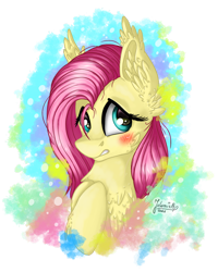 Size: 1920x2401 | Tagged: safe, artist:julunis14, derpibooru import, fluttershy, pegasus, pony, blushing, bust, cheek feathers, chest feathers, cute, digital art, ear feathers, feather, female, high res, mare, medibang paint, portrait, signature, simple background, solo, transparent background