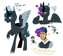 Size: 1704x1508 | Tagged: safe, artist:sugarysharky, derpibooru import, oc, oc only, oc:demetrio, alicorn, human, pony, chest fluff, glowing horn, horn, humanized, humanized oc, male, offspring, parent:princess luna, parent:unknown, reference sheet, simple background, solo, stallion, transparent background