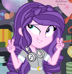 Size: 1448x1498 | Tagged: safe, artist:skyfallfrost, derpibooru import, oc, oc:midnight lullaby, equestria girls, air quotes, clothes, headphones, heterochromia, solo