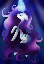 Size: 2023x2963 | Tagged: safe, artist:melodysweetheart, derpibooru import, rarity, pony, unicorn, collaboration, colored pupils, crepuscular rays, eyes closed, female, flowing mane, flowing tail, glowing horn, horn, looking up, ocean, signature, solo, underwater, water