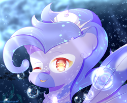 Size: 2400x1936 | Tagged: safe, artist:colorfuldiamondpl, derpibooru import, oc, oc only, fish, seapony (g4), bubble, commission, crepuscular rays, crown, female, fin wings, freckles, headshot commission, jewelry, looking at you, necklace, ocean, one eye closed, orange eyes, pearl necklace, regalia, seaweed, solo, sunlight, tongue, tongue out, underwater, water, wings, wink