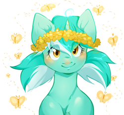 Size: 1266x1173 | Tagged: safe, artist:pledus, derpibooru import, lyra heartstrings, butterfly, pony, unicorn, blushing, bust, cute, female, floral head wreath, flower, looking at you, lyrabetes, mare, pigtails, simple background, solo, white background