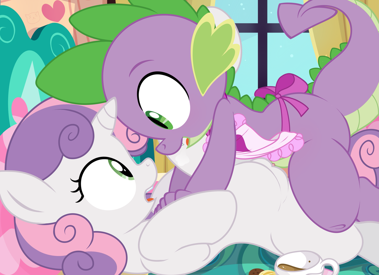Spike My Little Pony Sweetie Belle Porn - 2837136 - explicit, artist:tricksta, derpibooru import, spike, sweetie belle,  cat, dragon, pony, apron, blushing, clitoris, clothes, cookie, cup, drink,  female, filly, foal, foalcon, food, human vagina on pony, looking at each  other,