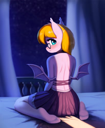 Size: 1900x2318 | Tagged: safe, artist:mrscroup, oc, oc only, oc:ember eclipse, anthro, bat pony, plantigrade anthro, anthro oc, bat pony oc, blushing, clothes, female, glasses, high res, indoors, kneeling, looking at you, looking back, looking back at you, looking over shoulder, mare, no tail, rear view, skirt, smiling, solo, spread wings, stockings