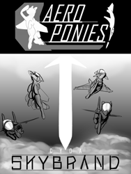 Size: 1500x2000 | Tagged: safe, artist:andromailus, oc, oc only, original species, plane pony, pony, cloud, cover art, eurofighter typhoon, f-15 eagle, f-16 fighting falcon, f-22 raptor, flying, monochrome, plane, text