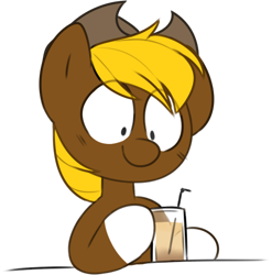 Size: 564x571 | Tagged: safe, artist:2k.bugbytes, oc, oc only, oc:acres, earth pony, pony, blonde, blonde mane, brown coat, coat markings, cowboy hat, drink, eye clipping through hair, glass, hat, male, simple background, smiling, socks (coat marking), solo, stallion, straw, transparent background