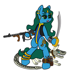 Size: 4000x4000 | Tagged: safe, artist:dice-warwick, derpibooru import, oc, oc only, oc:cavall, oc:star charter, pony, semi-anthro, fallout equestria, fallout equestria: desperados, 10mm pistol, clothes, collar, cutlass, digital art, dog collar, ear piercing, fangs, gun, jewelry, nightstalker, piercing, ring, simple background, standing, sword, tight clothing, tommy gun, transparent background, vest, wavy mane, wavy tail, weapon