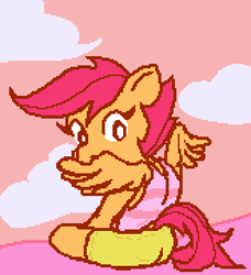 Size: 330x362 | Tagged: safe, artist:gorby, derpibooru import, scootaloo, semi-anthro, clothes, grooming, pixel art, preening, solo