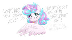 Size: 2012x1123 | Tagged: safe, artist:flutterthrash, derpibooru import, princess flurry heart, alicorn, pony, blatant lies, blushing, cute, denial's not just a river in egypt, female, grooming, i'm not cute, older, older flurry heart, preening, solo, text, tongue, tongue out