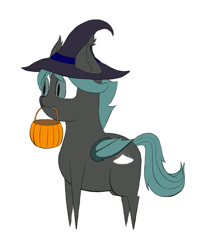 Size: 667x782 | Tagged: safe, artist:shoophoerse, derpibooru import, oc, oc:smidge, bat pony, pony, bat pony oc, bat wings, chibi, clothes, costume, fangs, halloween, halloween costume, hat, holiday, pointy legs, pointy ponies, pumkpin bucket, simple background, slit eyes, snaggletooth, solo, white background, wings, witch hat