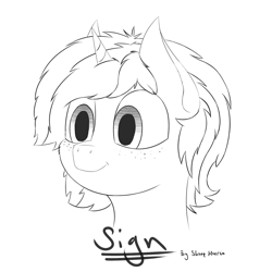 Size: 1500x1500 | Tagged: safe, artist:shoophoerse, derpibooru import, oc, oc only, oc:sign, pony, unicorn, fanart, freckles, monochrome, signature, simple background, sketch, smiling, solo, white background