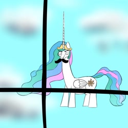 Size: 1500x1500 | Tagged: safe, artist:shoophoerse, derpibooru import, princess celestia, alicorn, pony, cloud, facial hair, floating, folded wings, horn, long horn, looking at you, meme, moustache, moustachlestia, sky, solo, window, wings