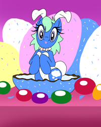 Size: 1200x1500 | Tagged: safe, artist:dashingjack, derpibooru import, oc, oc:brainstorm, bunny suit, candy, clothes, crossdressing, easter egg, food, jellybeans, robin's eggs, shrunken