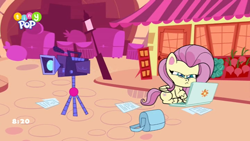 Size: 1024x576 | Tagged: safe, derpibooru import, screencap, fluttershy, pegasus, pony, my little pony: pony life, the crystal capturing contraption, spoiler:pony life s02e02, bag, camera, computer, laptop computer, tripod