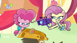 Size: 1024x576 | Tagged: safe, derpibooru import, screencap, fluttershy, pinkie pie, earth pony, pegasus, my little pony: pony life, the crystal capturing contraption, spoiler:pony life s02e02, camera, female, mare