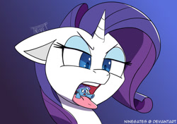 Size: 1280x899 | Tagged: safe, artist:ninegates, derpibooru import, rarity, trixie, pony, unicorn, digital art, female, giantess, group, imminent vore, macro, macro/micro, raripred, size difference, tongue, tongue out, vore