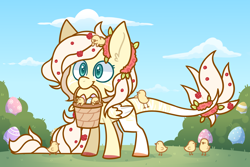 Size: 3000x2000 | Tagged: safe, artist:jetjetj, derpibooru import, part of a set, oc, oc:flora quill, pegasus, pony, basket, chibi, chick, commission, easter egg, female, mare, mouth hold, solo, ych result