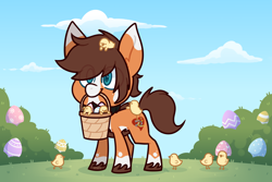 Size: 3000x2000 | Tagged: safe, artist:jetjetj, derpibooru import, part of a set, oc, oc:heart chaser, earth pony, pony, basket, chibi, chick, commission, easter egg, male, mouth hold, solo, stallion, ych result