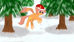 Size: 2560x1440 | Tagged: safe, artist:shoophoerse, derpibooru import, oc, oc:shoop, pegasus, pony, christmas, hat, holiday, jumping, pine tree, santa hat, snow, solo, spread wings, tree, wings