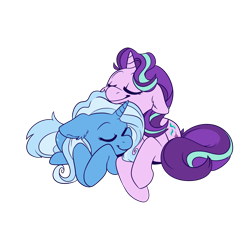 Size: 1280x1152 | Tagged: safe, artist:serfuzzypushover, derpibooru import, starlight glimmer, trixie, pony, unicorn, convenient trixie, cuddling, eyes closed, female, lesbian, shipping, simple background, smiling, snuggling, startrix, transparent background