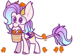 Size: 2283x1716 | Tagged: safe, alternate version, artist:jetjetj, derpibooru import, part of a set, oc, oc:scale, pony, basket, chibi, chick, commission, easter egg, female, horns, mouth hold, simple background, solo, transparent background, ych result