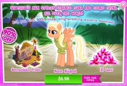 Size: 1020x691 | Tagged: safe, derpibooru import, screencap, mane allgood, pegasus, clothes, costs real money, female, gameloft, gem, mare