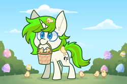 Size: 3000x2000 | Tagged: safe, artist:jetjetj, derpibooru import, oc, oc:vinyl mix, pony, unicorn, basket, chibi, chick, easter egg, female, mare, mouth hold, solo