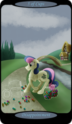 Size: 1500x2591 | Tagged: safe, artist:sixes&sevens, derpibooru import, part of a set, bon bon, sweetie drops, earth pony, accident, bridge, candy, female, five of cups, food, gumball, house, minor arcana, outdoors, ponyville, river, solo, spill, stream, tarot card, tree