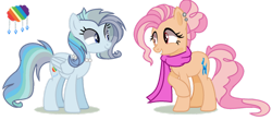 Size: 1280x565 | Tagged: safe, artist:venomous-cookietwt, derpibooru import, oc, oc only, earth pony, pegasus, pony, clothes, female, jewelry, magical lesbian spawn, mare, necklace, offspring, parent:fluttershy, parent:pinkie pie, parent:rainbow dash, parent:rarity, parents:flutterpie, parents:raridash, pearl necklace, scarf, simple background, transparent background