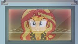 Size: 3410x1920 | Tagged: safe, derpibooru import, screencap, sunset shimmer, better together, equestria girls, holidays unwrapped, clothes, cute, female, food, geode of empathy, jacket, jewelry, leather, leather jacket, magical geodes, necklace, oven, saving pinkie's pie, shimmerbetes, smiling, solo, souffle