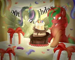 Size: 2500x2000 | Tagged: safe, artist:euspuche, derpibooru import, oc, oc:ambrosia, oc:frozen night, unicorn, birthday, cake, food, hat, looking at each other, party, party hat, present, spread wings, wings