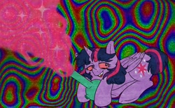 Size: 2610x1614 | Tagged: safe, artist:butterrodent, derpibooru import, twilight sparkle, twilight sparkle (alicorn), alicorn, pony, bong, drugs, highlight sparkle, lidded eyes, magic, psychedelic, red eyes, smiling