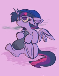 Size: 1000x1288 | Tagged: safe, artist:inkeroo, derpibooru import, twilight sparkle, twilight sparkle (alicorn), alicorn, pony, beanie, bong, drugs, hat, highlight sparkle, lidded eyes, red eyes, solo, spread wings, wings