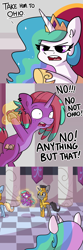 Size: 3000x9000 | Tagged: safe, artist:tjpones, derpibooru import, princess celestia, oc, oc:piropie, pony, unicorn, angry, bondage, comic, commission, cruel and unusual punishment, dialogue, magical bondage, royal guard, squatpony, suspended, the kentucky fried movie, tooth gap, tyrant celestia, unamused