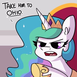 Size: 3000x3000 | Tagged: safe, artist:tjpones, derpibooru import, princess celestia, alicorn, pony, angry, cruel and unusual punishment, dialogue, female, mare, ohio, solo, the kentucky fried movie, tooth gap