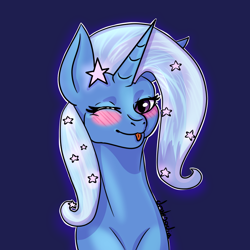 Size: 900x900 | Tagged: safe, artist:draksodia, derpibooru import, trixie, pony, unicorn, blue background, blue coat, blushing, bust, female, horn, mare, one eye closed, portrait, simple background, solo, stars, tongue, tongue out, two toned mane, wink, winking at you