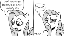 Size: 1200x675 | Tagged: safe, artist:pony-berserker, derpibooru import, fluttershy, pegasus, pony, troll, pony-berserker's twitter sketches, fluttertroll, grin, implied oc, monochrome, smiling, stippling