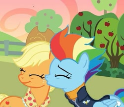 Size: 539x465 | Tagged: safe, derpibooru import, applejack, rainbow dash, earth pony, pegasus, pony, appledash, eyes closed, female, kissing, lesbian, shipping