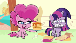 Size: 1920x1080 | Tagged: safe, derpibooru import, screencap, pinkie pie, twilight sparkle, alicorn, earth pony, pony, cute impact, my little pony: pony life, spoiler:pony life s02e01, female, food, mare, pancakes