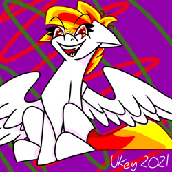 Size: 1280x1280 | Tagged: safe, artist:ukedideka, derpibooru import, oc, oc:lumen afterglow, pegasus, looking at you, pegasus oc, red eyes, red hair, sharp teeth, sitting, smiling, smiling at you, solo, spread wings, tail, teeth, wings