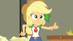 Size: 3410x1920 | Tagged: safe, derpibooru import, screencap, applejack, better together, equestria girls, holidays unwrapped, applejack's hat, belt, clothes, cowboy hat, cutie mark, cutie mark on clothes, denim skirt, female, geode of super strength, hat, jewelry, magical geodes, necklace, pointing, skirt, solo, the cider louse fools