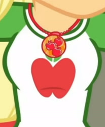 Size: 1920x2316 | Tagged: safe, derpibooru import, screencap, applejack, better together, equestria girls, holidays unwrapped, boobshot, breasts, clothes, cropped, cutie mark, cutie mark on clothes, female, geode of super strength, jewelry, magical geodes, necklace, pictures of chests, solo, the cider louse fools